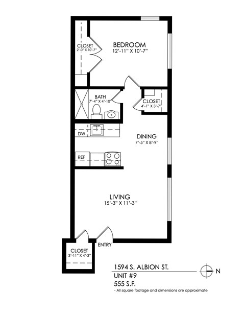 Floor plan for 1 bed, 1 bath, 540 sqft
